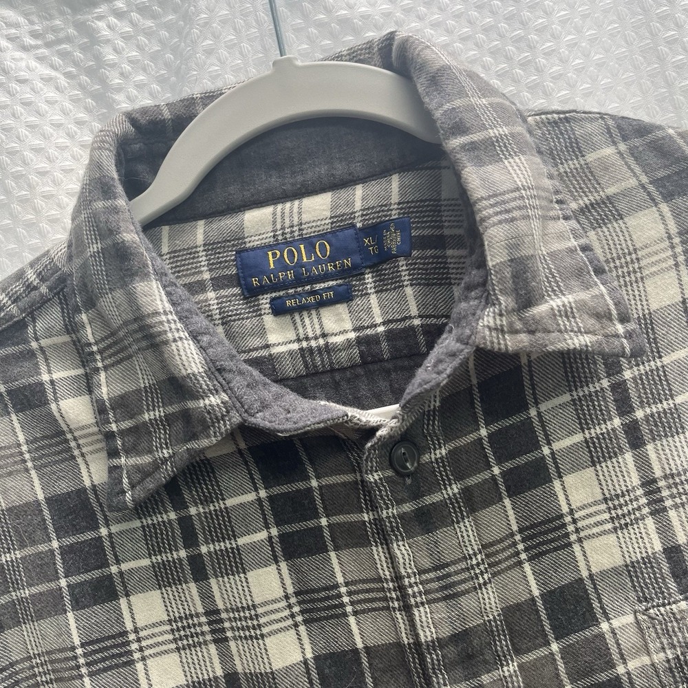Polo Ralph Lauren Mens Gray Plaid Flannel Work Shirt XL Farmcore Lumber Jack